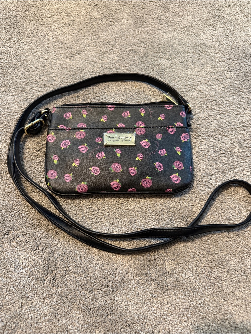 Juicy Couture Black Crossbody with Pink Rose Pattern